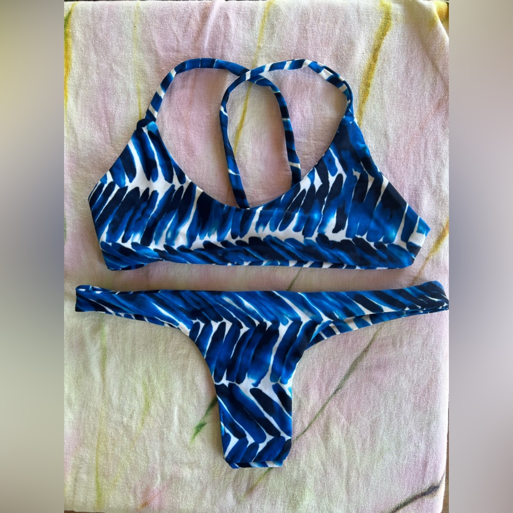 Olala Swimwear Set Blue Watercolor Bikini Top & Cheeky Brazilian Bottom Small